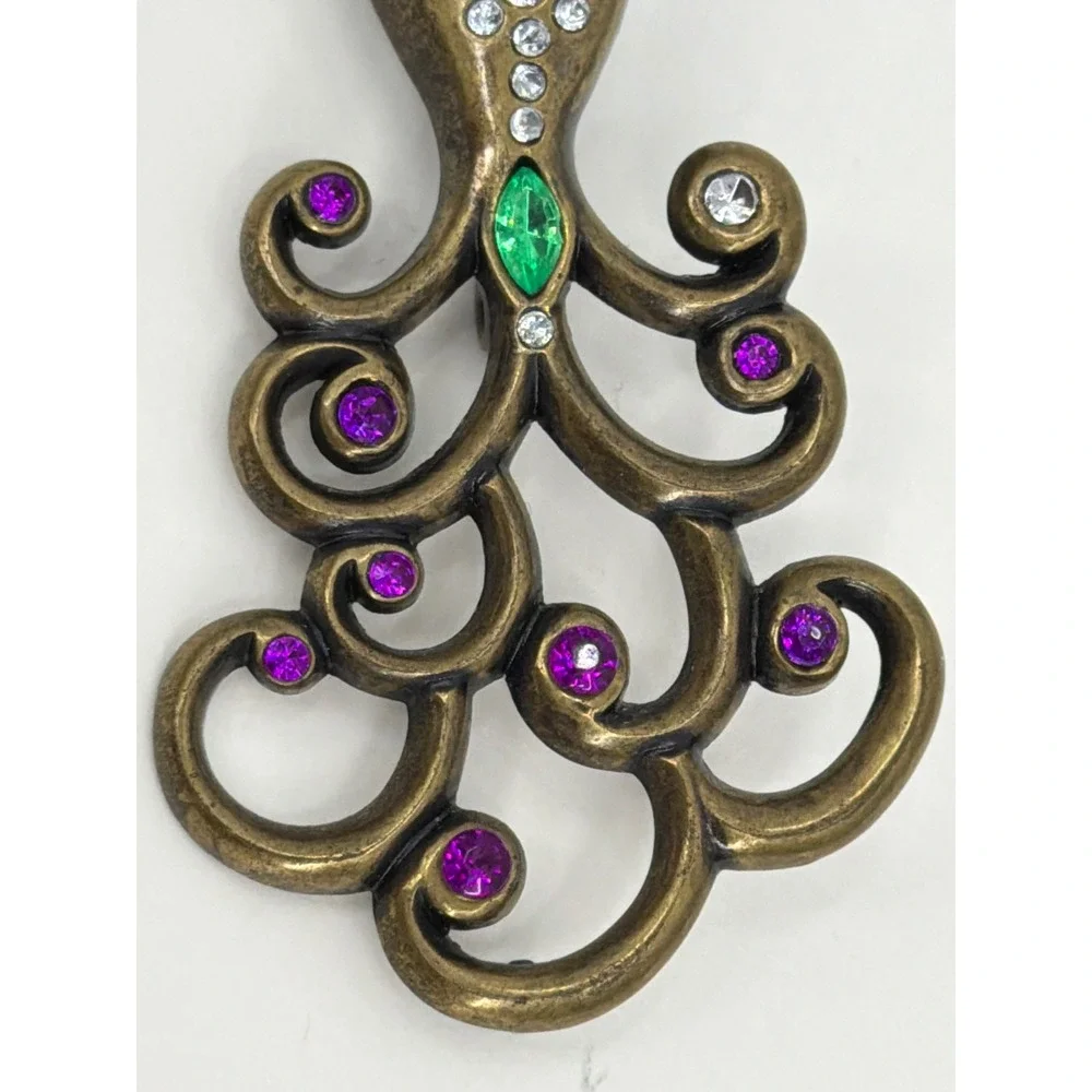 Vintage Bronze Peacock Brooch Pendant Purple Green Rhinestone Statement‎ Jewelry